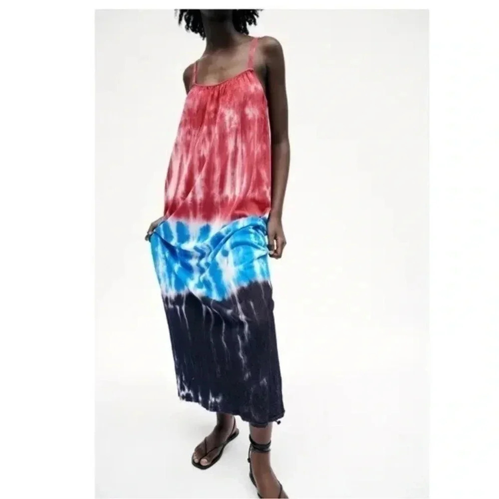ZARA | Red Blue Black Tie Dye Bohemian Beach Coastal Maxi Slip Dress Size M